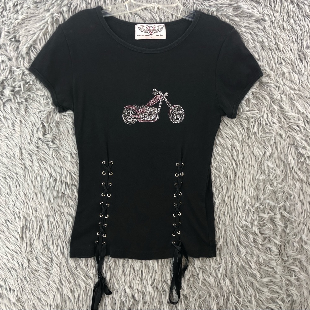 Twin V Tshirt Motorcycle Apparel  Large Embellished Corset Tie Sides Black